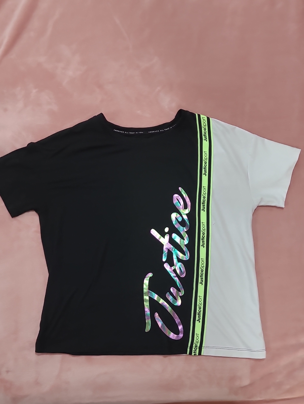 Justice Black & White Holographic Logo Colorblock Tee with Neon Trim